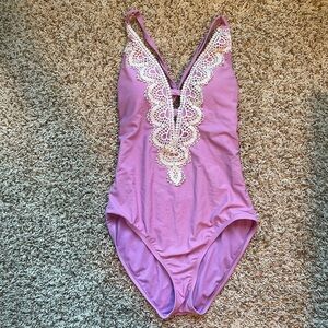 Purple lace one piece bathing suit